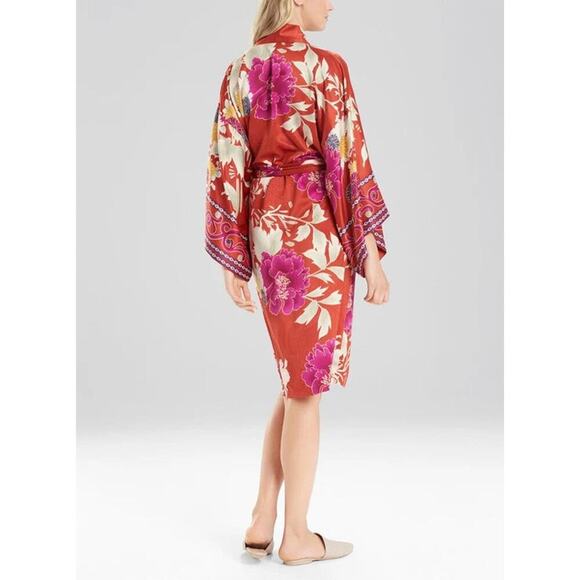 Natori Auburn Floral Robe Satin Red Orange Print Pockets Tie Waist Kimono Size S - Picture 7 of 8